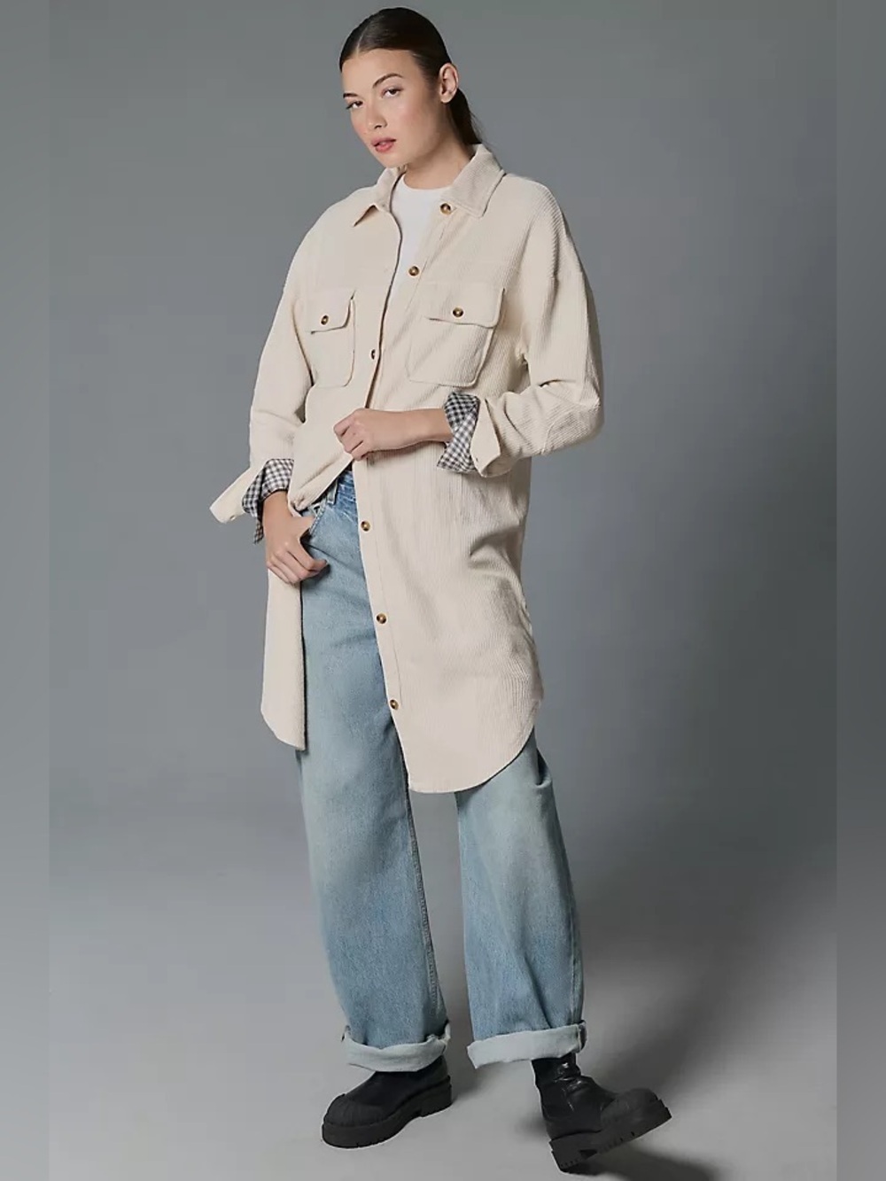 Pilcro by Anthropologie Corduroy Duster Shacket Womens Size S Cream Button Front